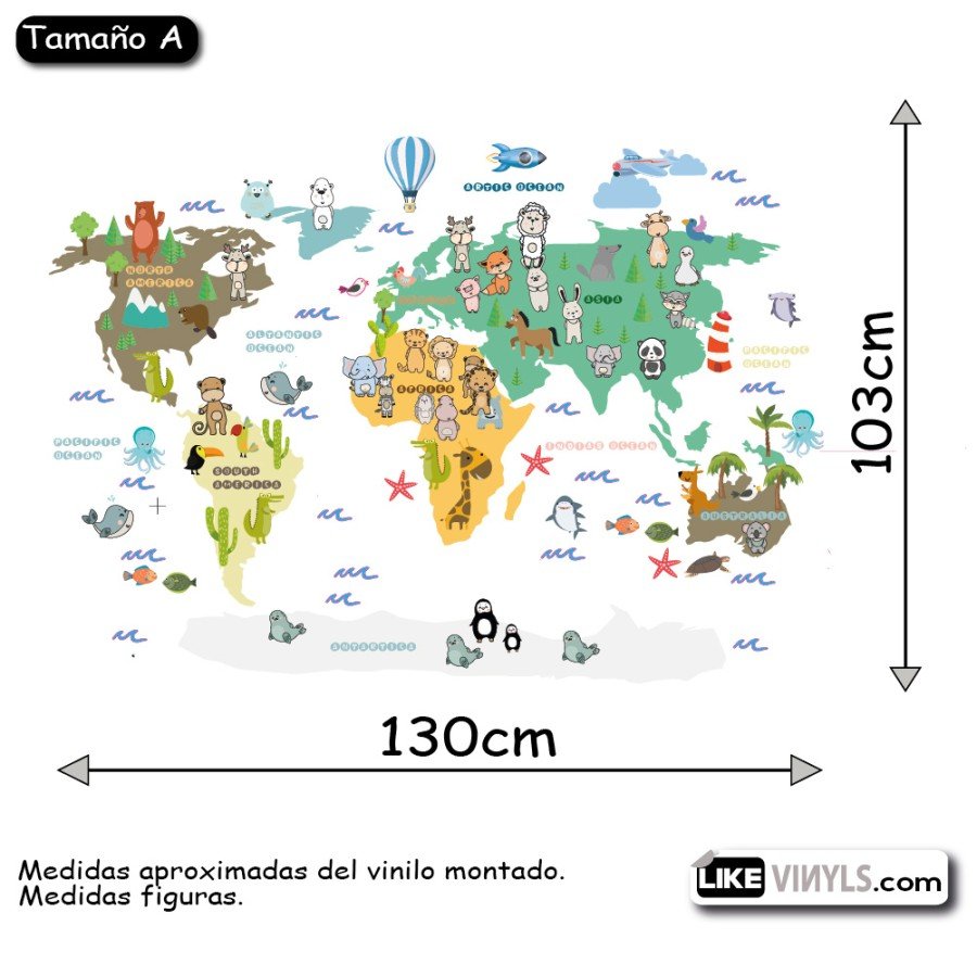 Vinilo mapamundi con animales