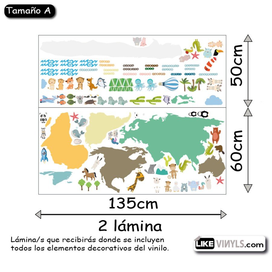 Vinilo mapamundi con animales