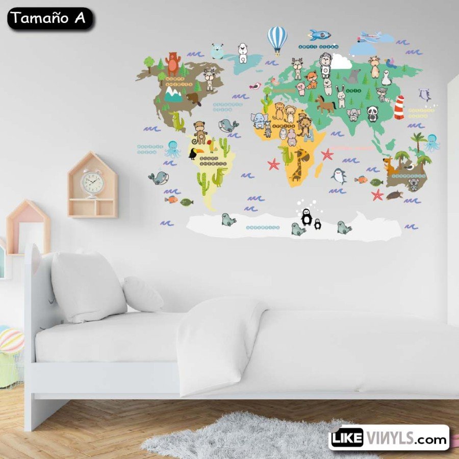 Vinilo decorativo infantil mapamundi animalitos