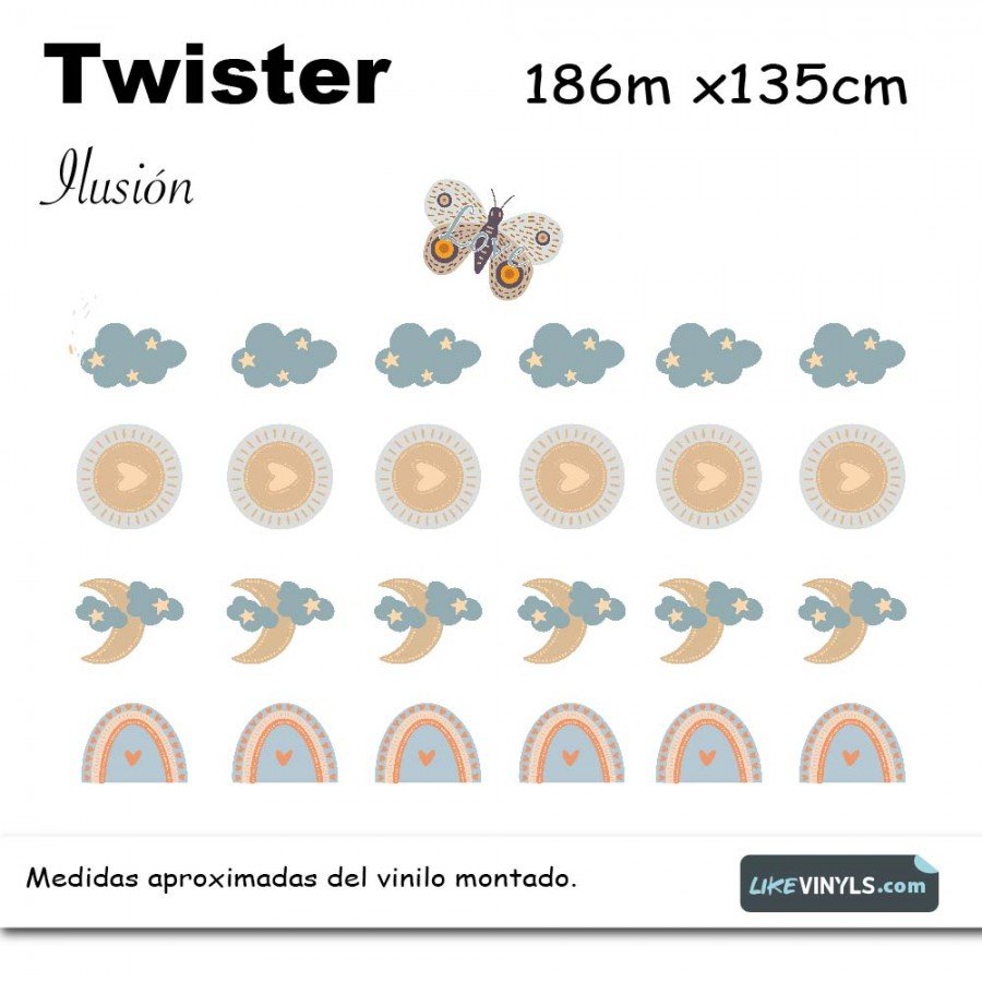 Vinilo suelo juego Twister arco iris, nuves y mariposas