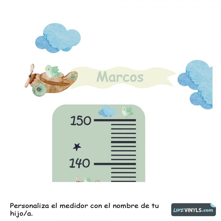 Medidor vinilo adhesivo  avión y pajarito. Personalzable, Etiquetas + QR con realidad aumentada. ¡De regalo!