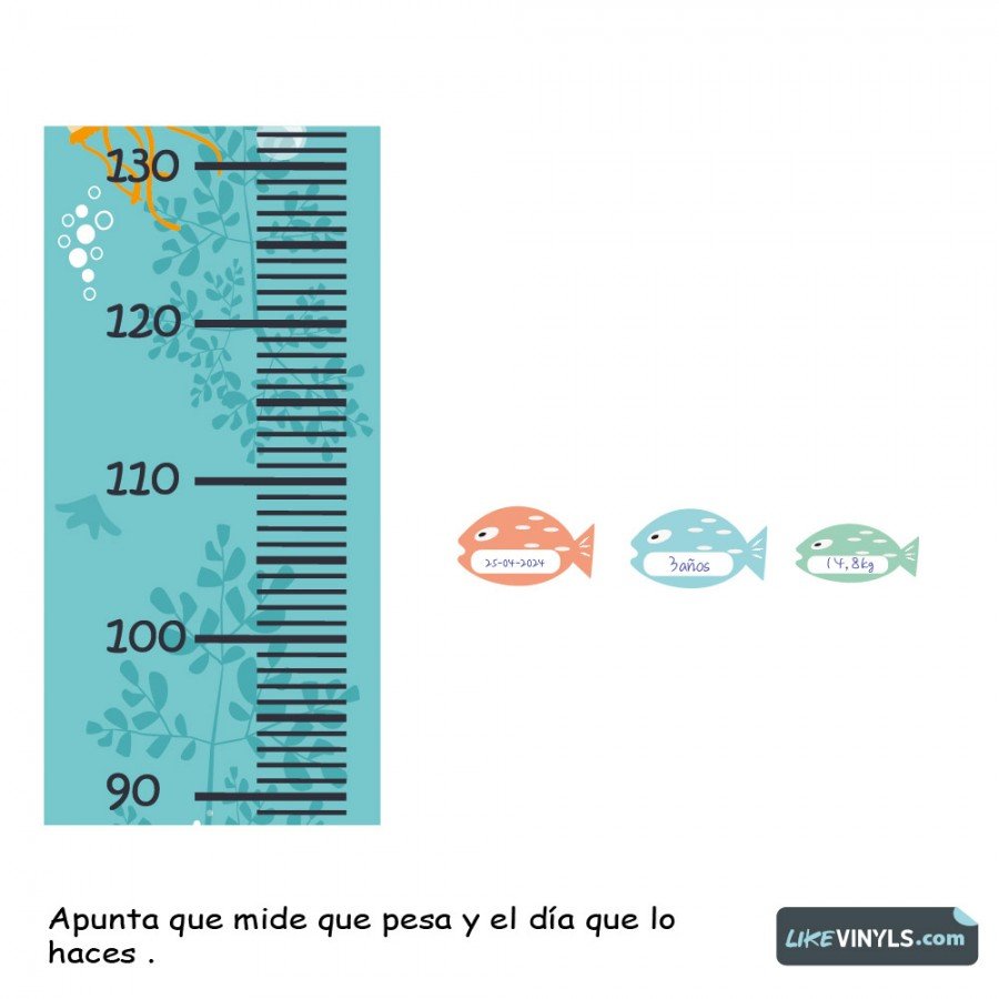 Medidor vinilo adhesivo  fondo del mar sirenita. Personalzable, Etiquetas + QR con realidad aumentada 3D . ¡De regalo!