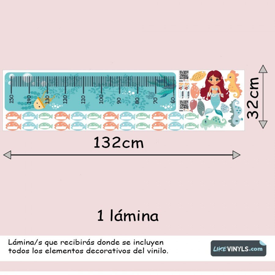 Medidor vinilo adhesivo  fondo del mar sirenita. Personalzable, Etiquetas + QR con realidad aumentada 3D . ¡De regalo!